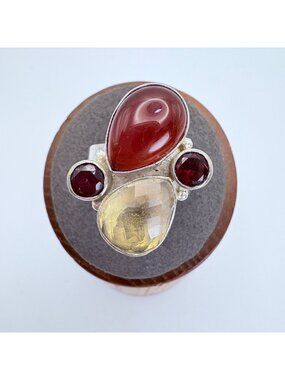 Multi-Gemstone Bezel Set Statement Ring VTG Sterling Silver 925 Size 7